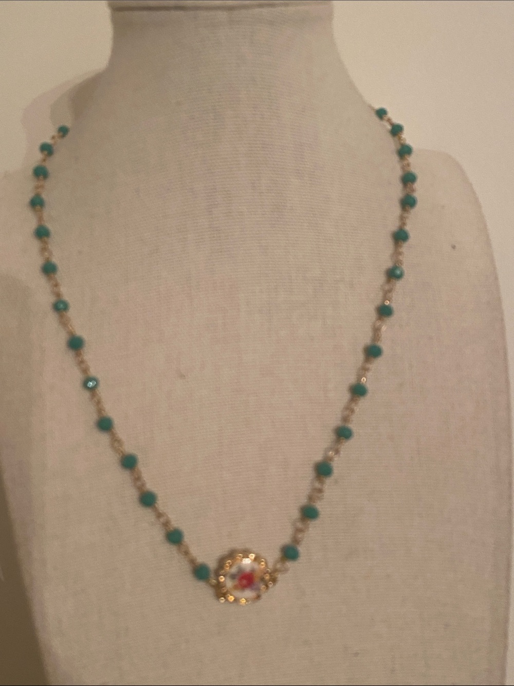 Gold-Tone Turquoise Beaded Necklace with Floral Medallion Accent